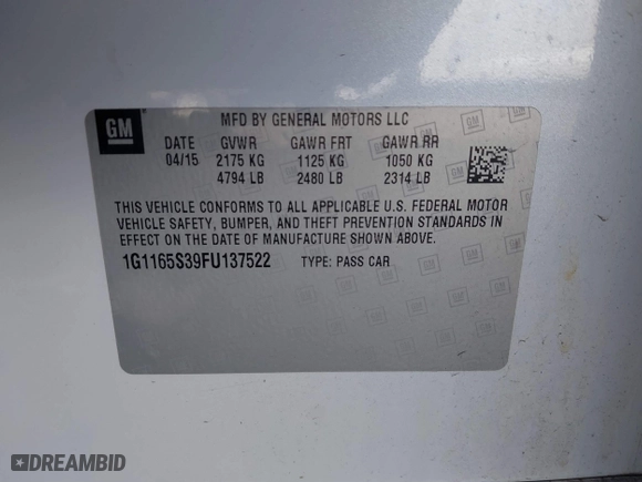 2015 Chevrolet Impala LTZ with VIN 1G1165S39FU137522, listed as a IAAI auction lot 41849649 with 109,606 mi miles. Bid and sale history available at carsss.com. Image 9.
