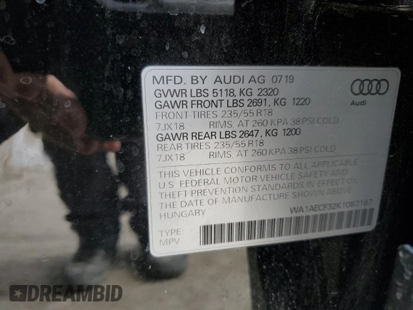2019 Audi Q3 Premium with VIN WA1AECF32K1087187, listed as a Copart auction lot 46514835 with 49,866 mi miles and Salvage Title. Bid and sale history available at carsss.com. Image 14.
