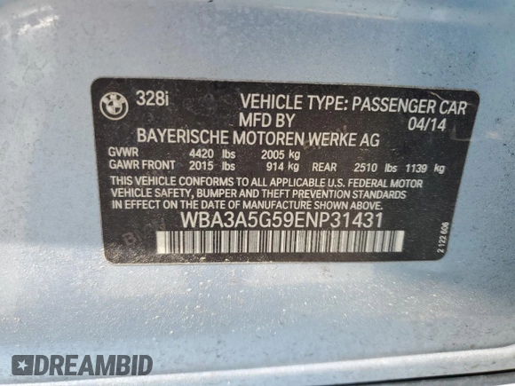 2014 BMW 3 Series 328i with VIN WBA3A5G59ENP31431, listed as a Copart auction lot 54199875 with 157,614 mi miles and Salvage Title. Bid and sale history available at carsss.com. Image 12.