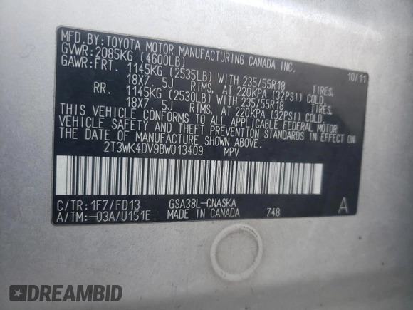 2011 Toyota RAV4 Sport with VIN 2T3WK4DV9BW013409, listed as a Copart auction lot 68770444 with 336,448 mi miles and Clean title. Bid and sale history available at DreamBid. Image 12.