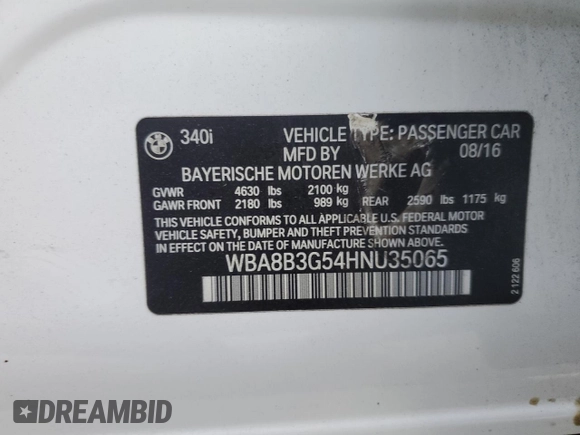 2017 BMW 3 Series 340i with VIN WBA8B3G54HNU35065, listed as a Copart auction lot 77381774 with Not Provided miles and Salvage Title. Bid and sale history available at DreamBid. Image 14.