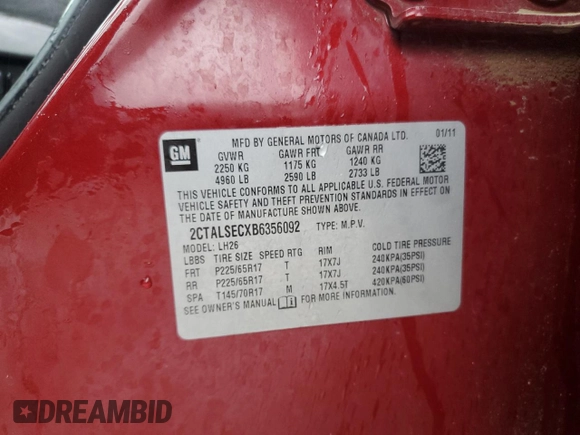 2011 GMC Terrain SLE-2 with VIN 2CTALSECXB6356092, listed as a Copart auction lot 59361745 with 116,610 mi miles and Salvage title. Bid and sale history available at DreamBid. Image 13.