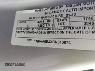 2012 Nissan Titan S with VIN 1N6AA0EJXCN310874, listed as a IAAI auction lot 42022787 with 162,317 mi miles. Bid and sale history available at carsss.com. Image 9.