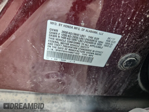 2017 Honda Pilot EX-L with VIN 5FNYF6H51HB071323, listed as a Copart auction lot 62402005 with 115,308 mi miles and Clean title. Bid and sale history available at DreamBid. Image 13.