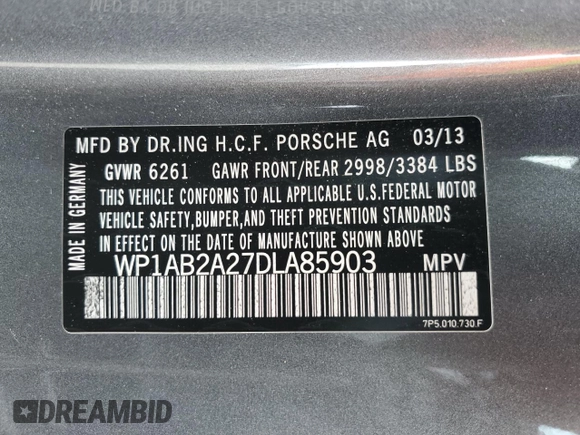 2013 Porsche Cayenne S with VIN WP1AB2A27DLA85903, listed as a Copart auction lot 52862885 with 105,342 mi miles and Salvage title. Bid and sale history available at DreamBid. Image 15.