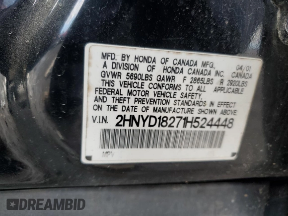 2001 Acura MDX with VIN 2HNYD18271H524448, listed as a Copart auction lot 84850514 with 0 mi miles and Salvage Title. Bid and sale history available at carsss.com. Image 12.