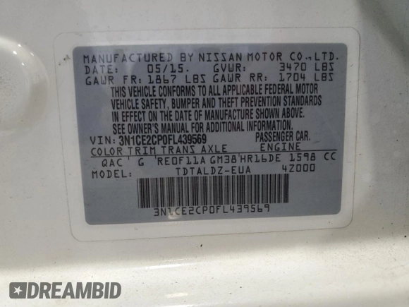 2015 Nissan Note SV with VIN 3N1CE2CP0FL439569, listed as a Copart auction lot 54829795 with 77,627 mi miles and Salvage Title. Bid and sale history available at DreamBid. Image 12.