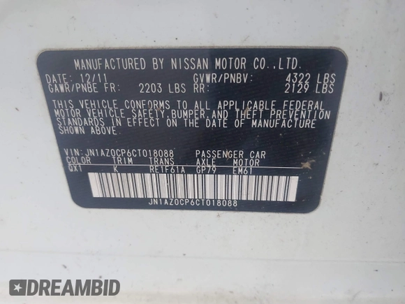 2012 Nissan LEAF SL with VIN JN1AZ0CP6CT018088, listed as a IAAI auction lot 42176194 with 53,037 mi miles. Bid and sale history available at carsss.com. Image 9.