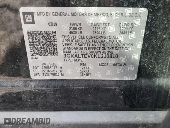 2019 GMC Terrain SLE with VIN 3GKALTEV0KL310810, listed as a Copart auction lot 63398845 with 56,302 mi miles and Salvage title. Bid and sale history available at DreamBid. Image 14.