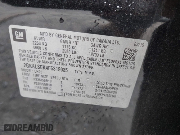 2015 GMC Terrain SLT z VIN 2GKALSEK4F6319035, wystawiony jako IAAI lot #42312085 z przebiegiem 90 541 mil mil oraz . Historia ofert i sprzedaży dostępna na DreamBid. Obrazek 9.