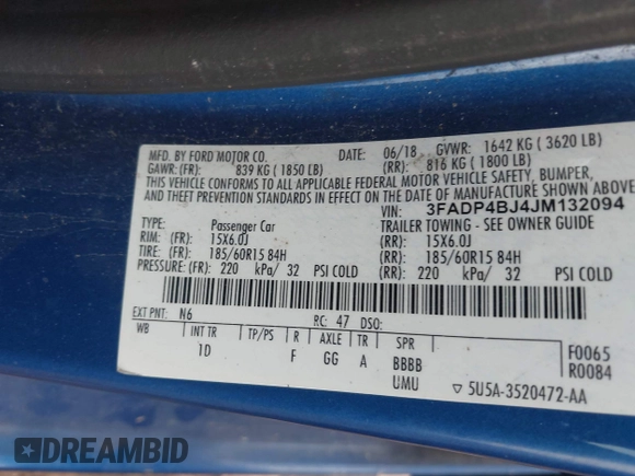 2018 Ford Fiesta SE with VIN 3FADP4BJ4JM132094, listed as a IAAI auction lot 40393706 with 142,494 mi miles. Bid and sale history available at carsss.com. Image 9.