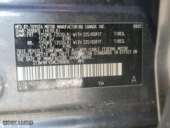 2022 Toyota RAV4 XLE with VIN 2T3W1RFV5NC206806, listed as a Copart auction lot 51430745 with 41,799 mi miles and Non Repairable. Bid and sale history available at carsss.com. Image 13.