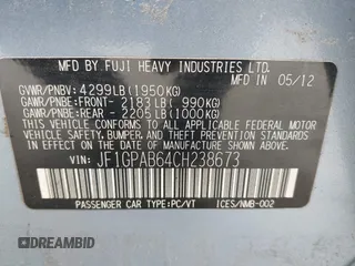 2012 Subaru Impreza Premium with VIN JF1GPAB64CH238673, listed as a IAAI auction lot 42548253 with 147,734 mi miles and . Bid and sale history available at DreamBid. Image 9.