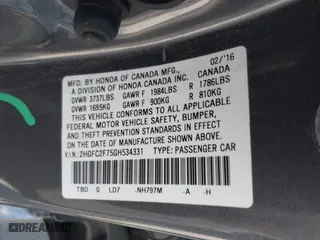 2016 Honda Civic Sedan EX with VIN 2HGFC2F75GH534331, listed as a IAAI auction lot 41866923 with 141,109 mi miles. Bid and sale history available at carsss.com. Image 9.