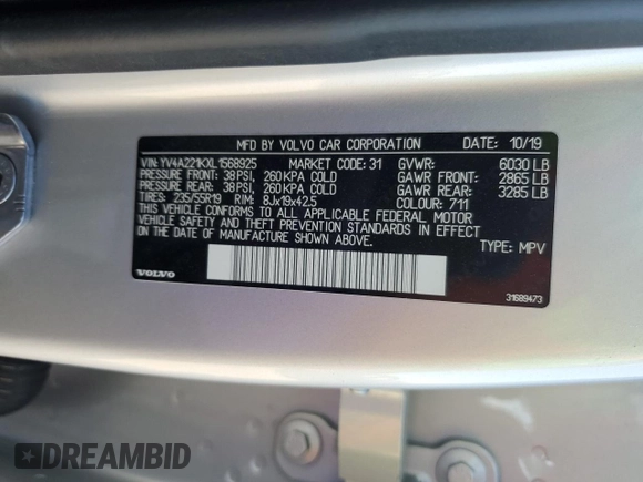 2020 Volvo XC90 Momentum with VIN YV4A221KXL1568925, listed as a Copart auction lot 45366285 with 74,840 mi miles and Salvage Title. Bid and sale history available at DreamBid. Image 12.