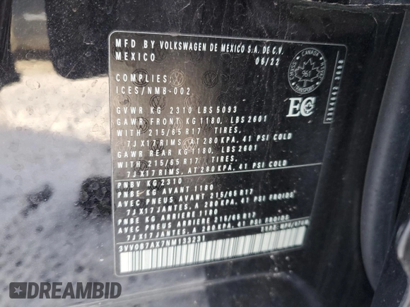 2022 Volkswagen Tiguan S z VIN 3VV0B7AX7NM133231, wystawiony jako Copart lot #85285634 z przebiegiem 92 138 mil mil oraz Czysty tytuł • Clean title. Historia ofert i sprzedaży dostępna na DreamBid. Obrazek 13.