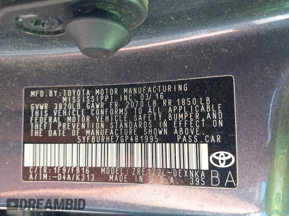 2016 Toyota Corolla L z VIN 5YFBURHE7GP481995, wystawiony jako IAAI lot #42471078 z przebiegiem 51 245 mil mil oraz . Historia ofert i sprzedaży dostępna na DreamBid. Obrazek 9.