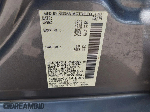 2020 Nissan Altima S z VIN 1N4BL4BV9LC143683, wystawiony jako IAAI lot #41917539 z przebiegiem 178 174 mil mil oraz . Historia ofert i sprzedaży dostępna na DreamBid. Obrazek 9.
