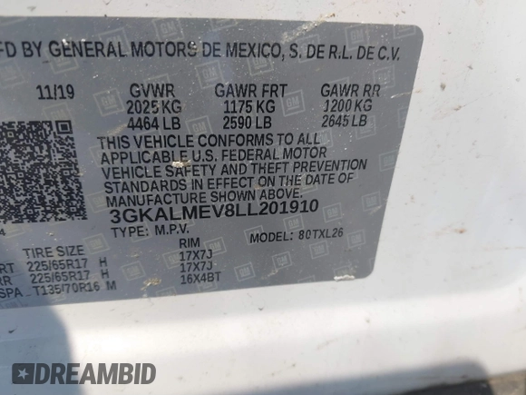 2020 GMC Terrain SLE with VIN 3GKALMEV8LL201910, listed as a IAAI auction lot 41650442 with 55,087 mi miles. Bid and sale history available at carsss.com. Image 9.