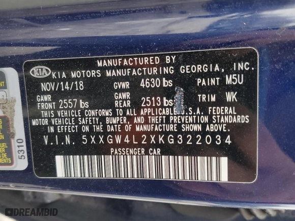 2019 Kia Optima SX with VIN 5XXGW4L2XKG322034, listed as a Copart auction lot 46752345 with 60,301 mi miles and Salvage Title. Bid and sale history available at carsss.com. Image 14.