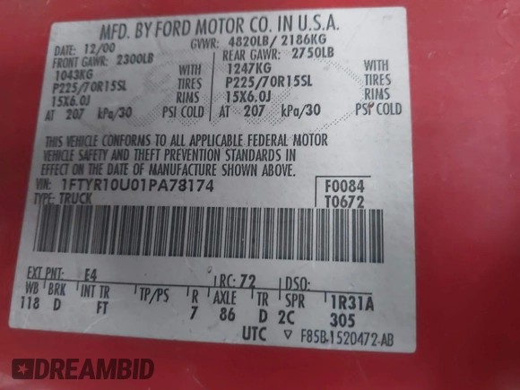 2001 Ford Ranger XL z VIN 1FTYR10U01PA78174, wystawiony jako IAAI lot #42027665 z przebiegiem 120 372 mil mil oraz . Historia ofert i sprzedaży dostępna na DreamBid. Obrazek 9.