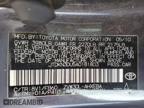 2010 Toyota Prius II z VIN JTDKN3DU5A0181803, wystawiony jako Copart lot #60538755 z przebiegiem 184 304 mil mil oraz Czysty tytuł • Clean title. Historia ofert i sprzedaży dostępna na DreamBid. Obrazek 12.