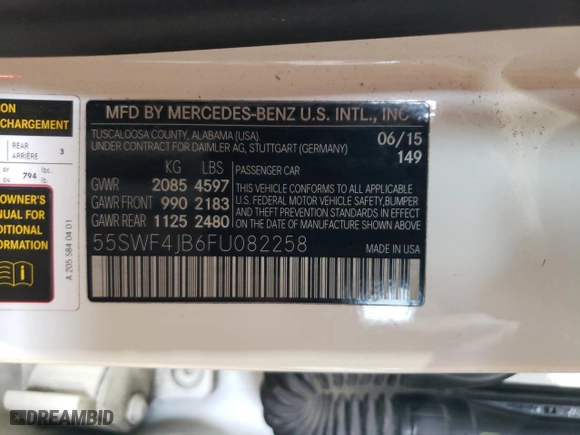 2015 Mercedes-Benz C-Class C 300 with VIN 55SWF4JB6FU082258, listed as a Copart auction lot 83518404 with 122,865 mi miles and Salvage Title. Bid and sale history available at carsss.com. Image 12.