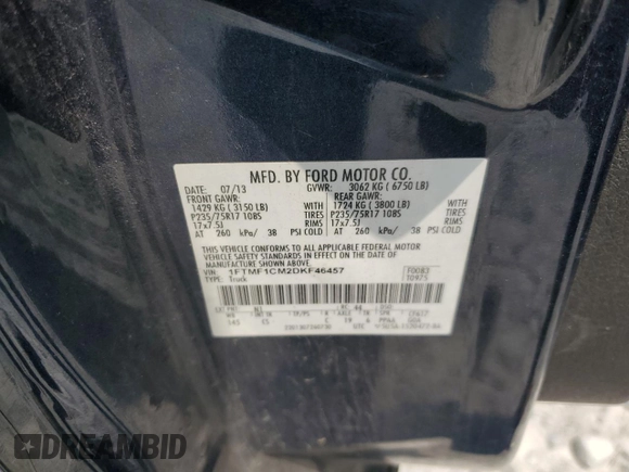 2013 Ford F-150 XL with VIN 1FTMF1CM2DKF46457, listed as a Copart auction lot 59734735 with Not provided miles and Salvage title. Bid and sale history available at DreamBid. Image 12.