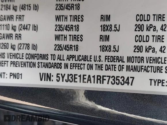 2024 Tesla Model 3 with VIN 5YJ3E1EA1RF735347, listed as a IAAI auction lot 41810655 with 14,901 mi miles. Bid and sale history available at carsss.com. Image 9.