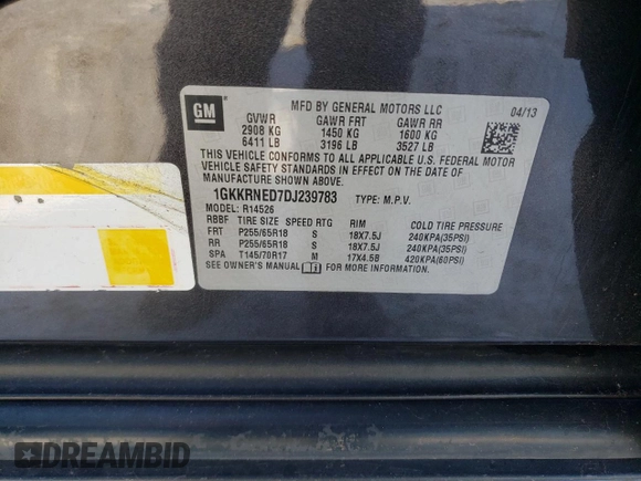 2013 GMC Acadia SLE with VIN 1GKKRNED7DJ239783, listed as a Copart auction lot 87464334 with Not Provided miles and Salvage Title. Bid and sale history available at carsss.com. Image 13.