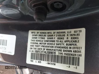 2020 Honda Civic EX-L with VIN 19XFC1F74LE009078, listed as a IAAI auction lot 41403928 with Not Provided miles and . Bid and sale history available at DreamBid. Image 9.