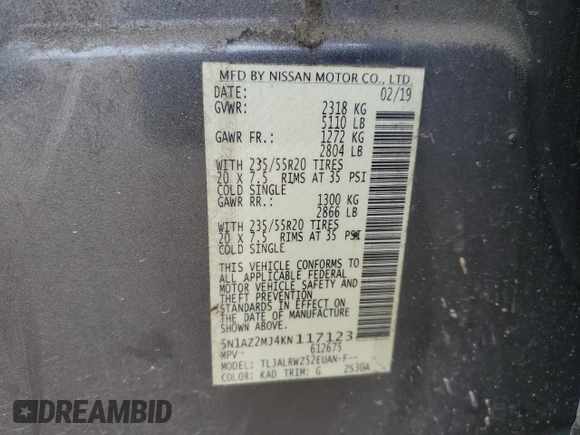 2019 Nissan Murano SL z VIN 5N1AZ2MJ4KN117123, wystawiony jako Copart lot #45965815 z przebiegiem 113 598 mil mil oraz Szkoda całkowita • Salvage title. Historia ofert i sprzedaży dostępna na DreamBid. Obrazek 15.