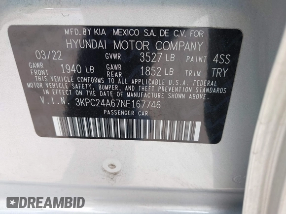 2022 Hyundai Accent SE with VIN 3KPC24A67NE167746, listed as a IAAI auction lot 42054225 with 25,883 mi miles and . Bid and sale history available at carsss.com. Image 9.