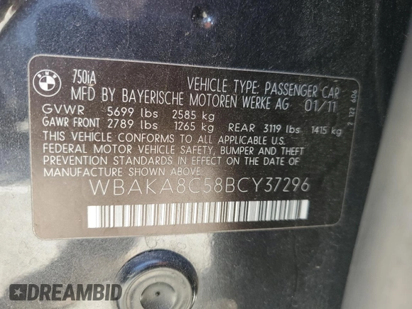 2011 BMW 7 Series 750i with VIN WBAKA8C58BCY37296, listed as a Copart auction lot 80540904 with 158,632 mi miles and Clean title. Bid and sale history available at DreamBid. Image 12.