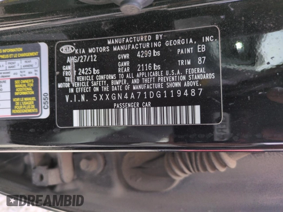 2013 Kia Optima EX with VIN 5XXGN4A71DG119487, listed as a Copart auction lot 53202035 with 208,108 mi miles and Salvage Title. Bid and sale history available at carsss.com. Image 12.