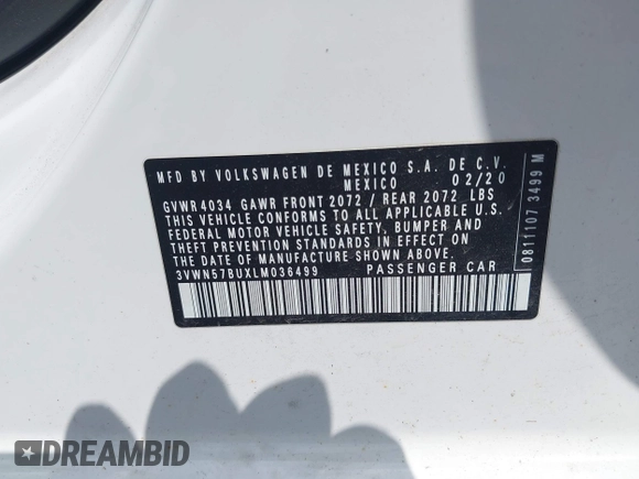 2020 Volkswagen Jetta S с VIN 3VWN57BUXLM036499, выставлен на аукционе IAAI как лот 42554913 с пробегом 110 621 миль миль и . История ставок и продаж доступна на DreamBid. Изображение 9.