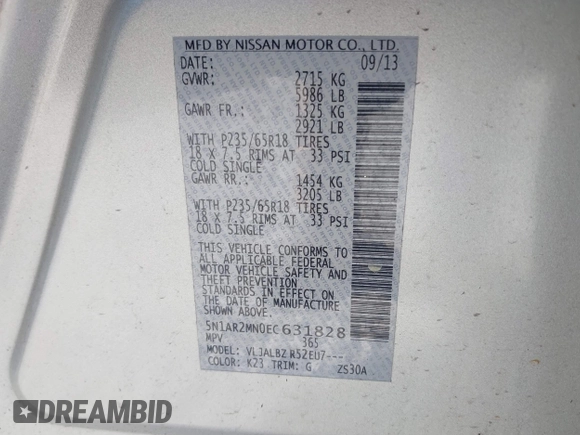 2014 Nissan Pathfinder S z VIN 5N1AR2MN0EC631828, wystawiony jako IAAI lot #42000263 z przebiegiem 181 121 mil mil oraz . Historia ofert i sprzedaży dostępna na DreamBid. Obrazek 9.