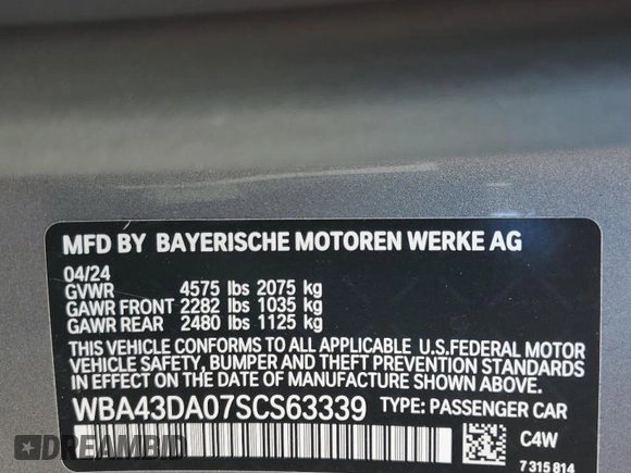 2025 BMW 4 Series 430i with VIN WBA43DA07SCS63339, listed as a Copart auction lot 51535265 with 10,594 mi miles and Salvage title. Bid and sale history available at DreamBid. Image 12.