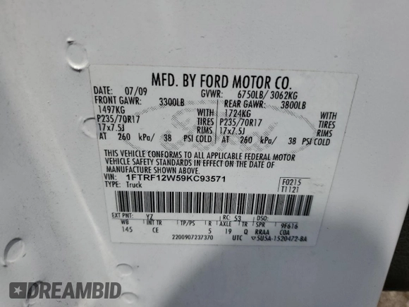 2009 Ford F-150 XL with VIN 1FTRF12W59KC93571, listed as a Copart auction lot 59664305 with 152,805 mi miles and Clean title. Bid and sale history available at DreamBid. Image 12.