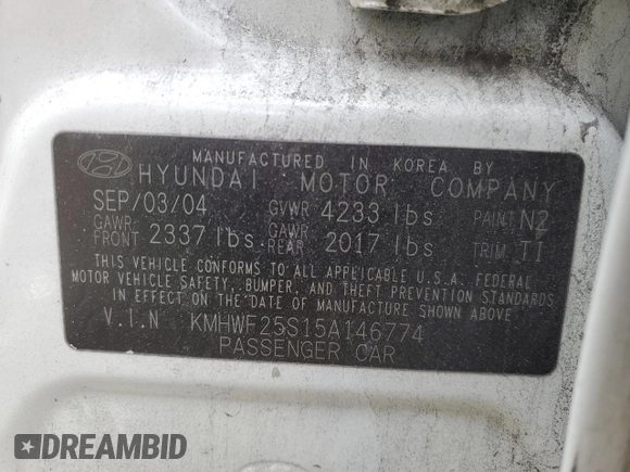 2005 Hyundai Sonata GL with VIN KMHWF25S15A146774, listed as a Copart auction lot 42378755 with 0 mi miles and Salvage Title. Bid and sale history available at carsss.com. Image 12.