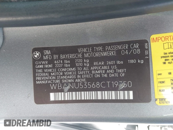 2008 BMW 5 Series 528i with VIN WBANU53568CT19750, listed as a IAAI auction lot 41697534 with 166,089 mi miles and . Bid and sale history available at DreamBid. Image 9.