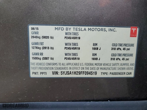 2015 Tesla Model S 85D with VIN 5YJSA1H29FF094519, listed as a Copart auction lot 44496244 with 0 miles and Salvage Title. Bid and sale history available at carsss.com. Image 12.