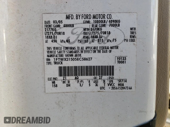2005 Ford F-350 XL with VIN 1FTWX31505EC58627, listed as a Copart auction lot 75757994 with 116,676 mi miles and Salvage Title. Bid and sale history available at DreamBid. Image 12.