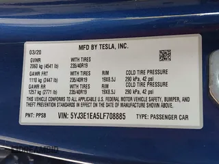 2020 Tesla Model 3 Standard Range Plus z VIN 5YJ3E1EA5LF708885, wystawiony jako IAAI lot #42172952 z przebiegiem 58 882 mil mil oraz . Historia ofert i sprzedaży dostępna na DreamBid. Obrazek 9.