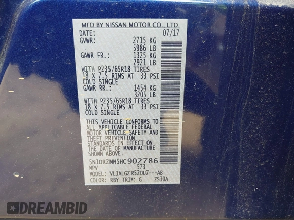 2017 Nissan Pathfinder S with VIN 5N1DR2MN5HC902786, listed as a IAAI auction lot 42042789 with 126,766 mi miles. Bid and sale history available at carsss.com. Image 9.
