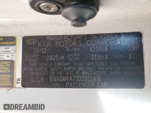2013 Kia Optima LX with VIN KNAGM4A73D5351416, listed as a Copart auction lot 48434925 with 120,470 mi miles and Clean Title. Bid and sale history available at carsss.com. Image 12.