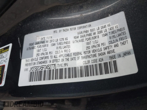 2015 Mazda CX-9 Touring with VIN JM3TB2CA5F0452775, listed as a IAAI auction lot 42659258 with 129,948 mi miles and . Bid and sale history available at DreamBid. Image 9.