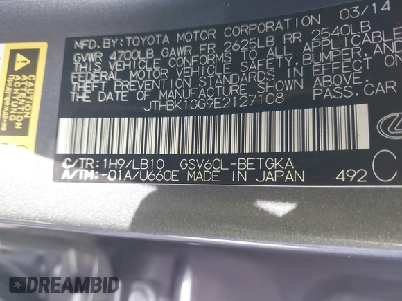 2014 Lexus ES 350 with VIN JTHBK1GG9E2127108, listed as a IAAI auction lot 41666026 with 97,359 mi miles. Bid and sale history available at carsss.com. Image 9.