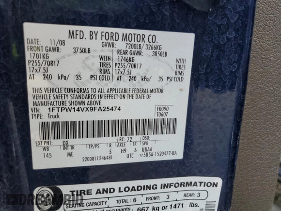 2009 Ford F-150 XL with VIN 1FTPW14VX9FA25474, listed as a Copart auction lot 51437595 with 147,088 mi miles and Salvage title. Bid and sale history available at DreamBid. Image 13.