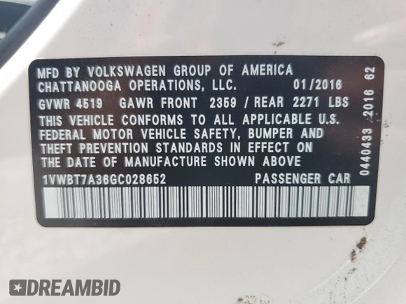 2016 Volkswagen Passat SE с VIN 1VWBT7A36GC028652, выставлен на аукционе Copart как лот 56547985 с пробегом 118 462 миль миль и Чистый • Clean title. История ставок и продаж доступна на DreamBid. Изображение 12.